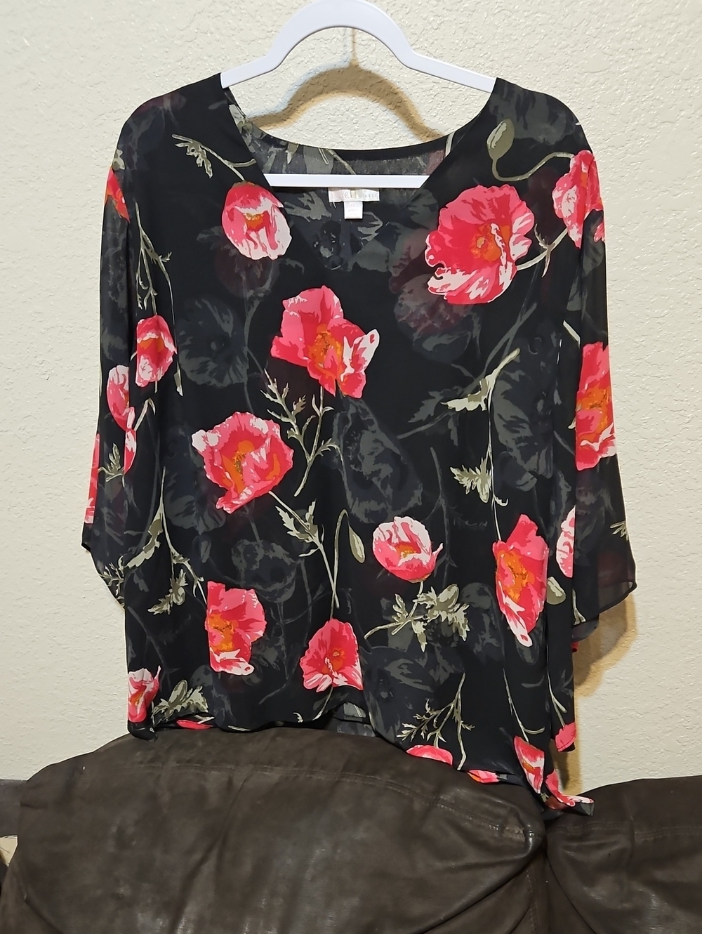 Belle by Kim Gravel Black Blouse with Pink Floral Print